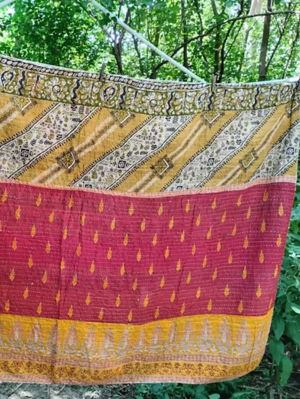 Kantha Quilt Tangerine Gray Red Marigold Premium 3 Layer Cotton New K192.